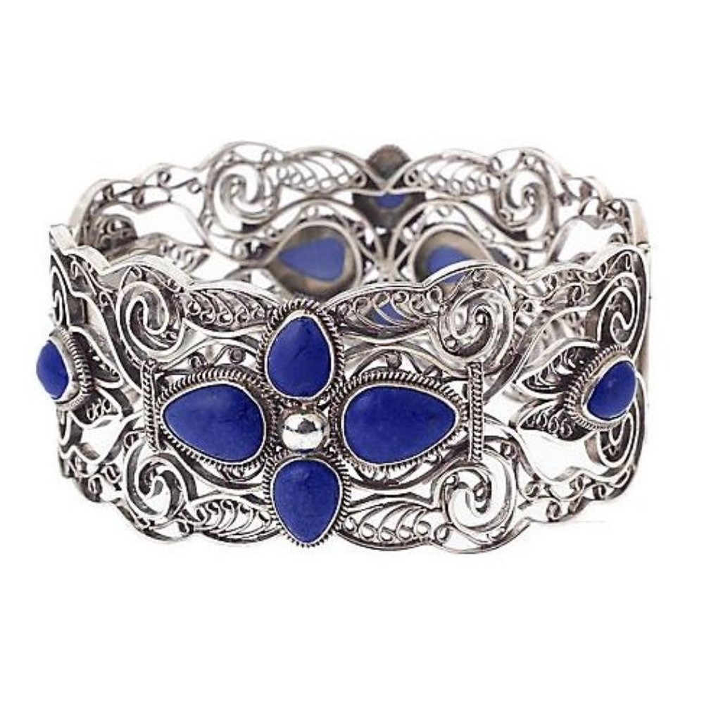 QVC Artisan Crafted Sterling Silver Lapis Filigree Bangle Bracelet - Picture 2 of 10